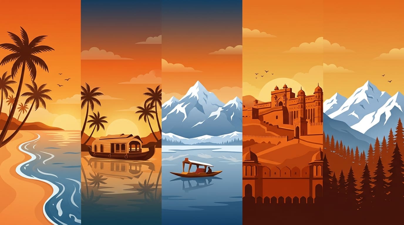 Popular Indian holiday destinations including Goa, Kerala, Kashmir, Rajasthan and Manali