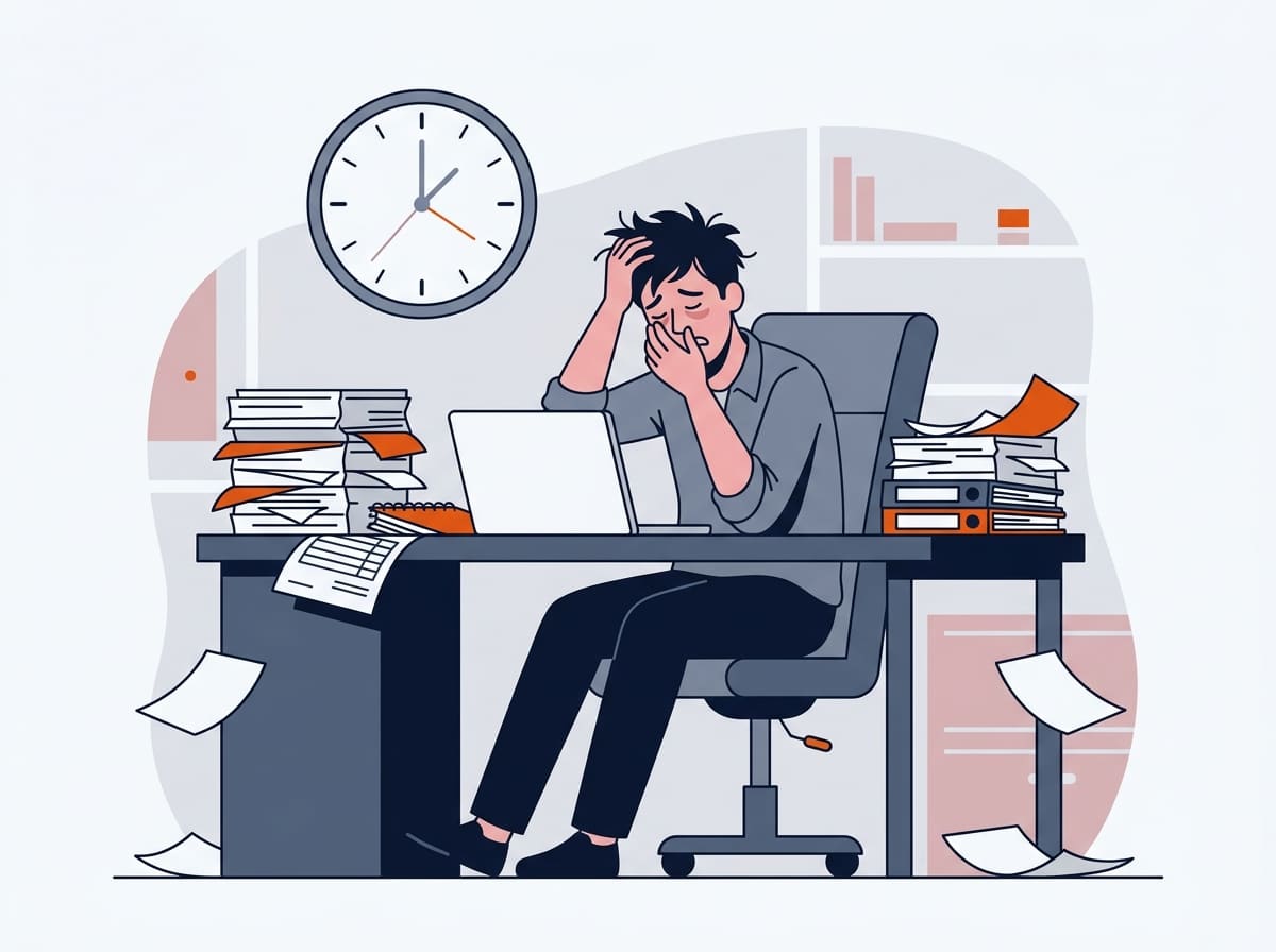 Person at laptop surrounded by stacks of papers and a large clock on the wall